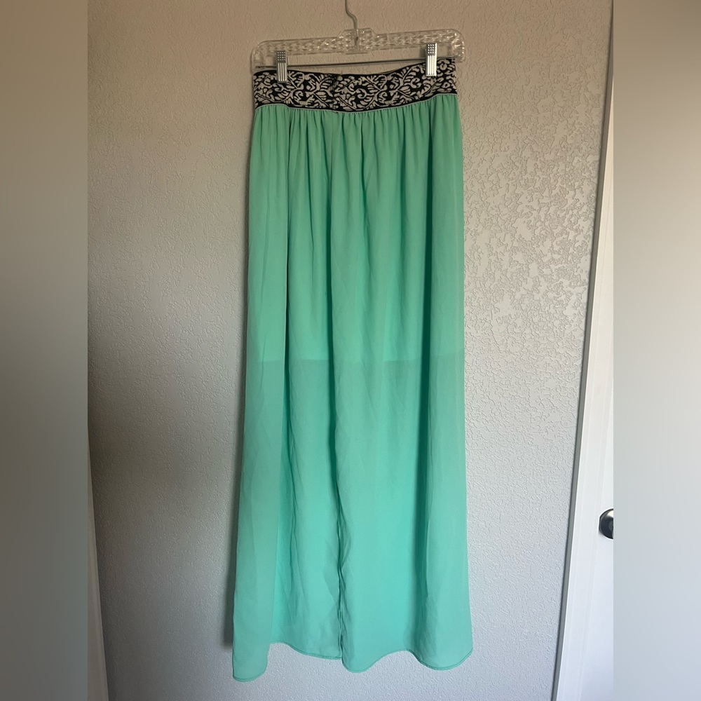 Mint Green Maxi Skirt with Elastic Embroidered Waistband